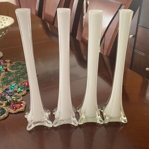 Vintage 4 Set White Eiffel Tower Style Vase Cased Glass Beautiful Slender 12”X1”